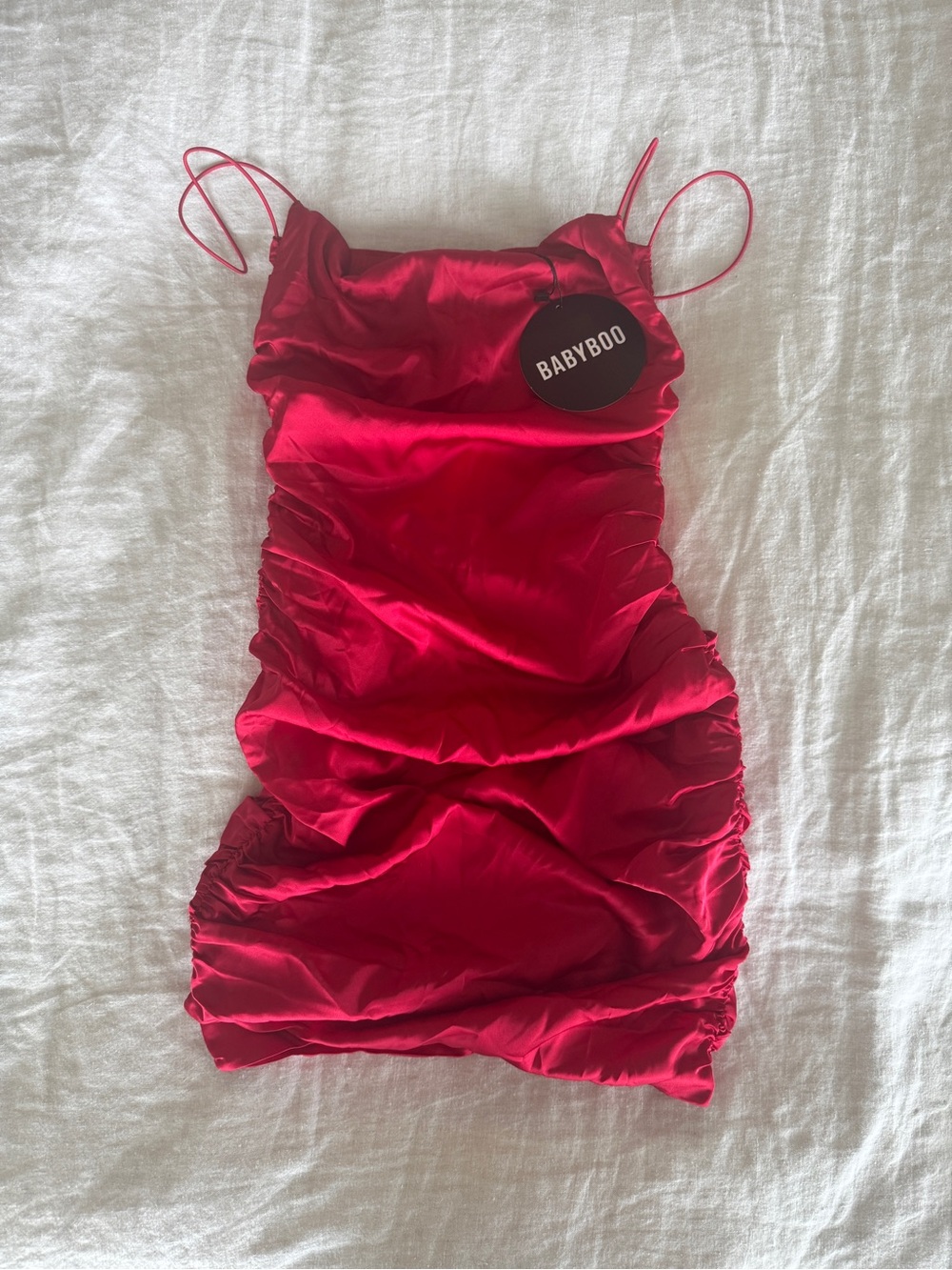 Babyboo Anastasia Red Satin Spaghetti-Strap Ruched Mini Dress - Picture 2 of 4